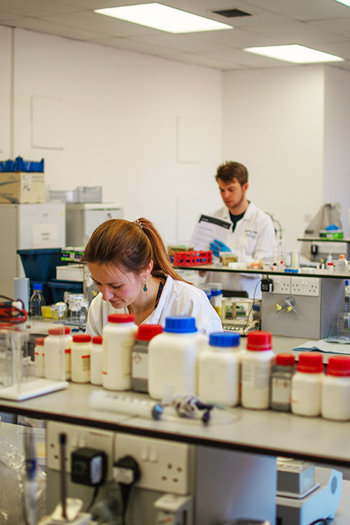 Two students work at different desks in a lab