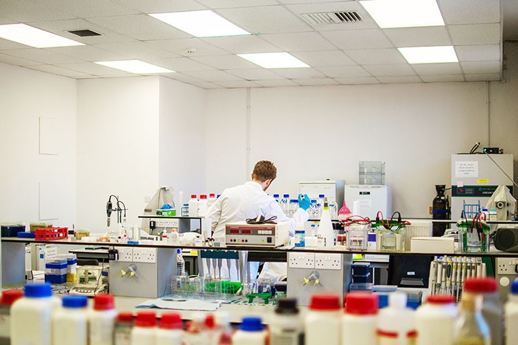 Laboratory space with lots of bottles and equipment